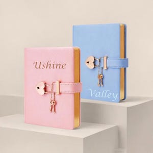 May include: A pink journal with the text Ushine and a light blue journal with the text Valley. Both journals feature a gold-toned heart-shaped padlock, a matching strap, and gold-edged pages. The journals are closed with a metal key attached.