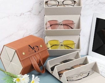 Personalized Portable Glasses Organizer Eyewear Storage Box Sunglasses Storage Display Travel Fold Case 5 Slots Eyewear PU Box Gifts for Her