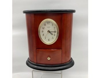 VTG Linden Mahogany Mantel Quartz Clock w/ Drawer 9.5" H 9" W Battery Operated