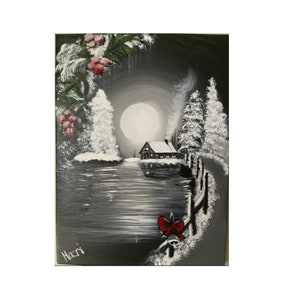 Original Acrylic Painting 11x14 on Canvas &quot;Cabin on Christmas Eve&quot; Signed