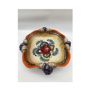 Vintage Meissen Majolica Footed Grapes Serving Plate/Dish Multicolored Signed Crossed Swords #395