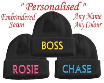 Embroidered Personalised Beanie Hat Children's 10yr-16yr Boys Girls Teen Small Adult Woolly Knitted Birthday Gift Present Football Team Name