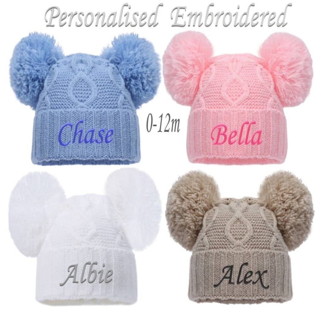 Personalised BABY Double POM POM Hat Ribbed Knitted Winter Hat White ...