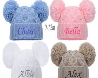 Personalised BABY Double POM POM Hat Ribbed Knitted Winter Hat White Pink Blue Grey Newborn Baby Gift months 0-12 months Pom Pom Beanie Hat