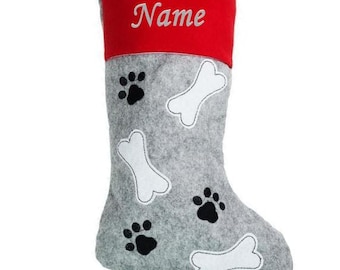 PERSONALISED Pet Name Paws Dog Bone CHRISTMAS STOCKING Cat Puppy Pets Luxury Red Stockings Xmas Gift Toy Santa Hamper Embroidered Grey Sack