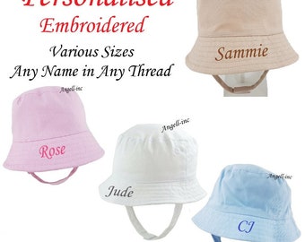 PERSONALISED BABY Bucket Hat Summer White Pink Blue Biscuit NEWBORN to 12 months chin strap Uk