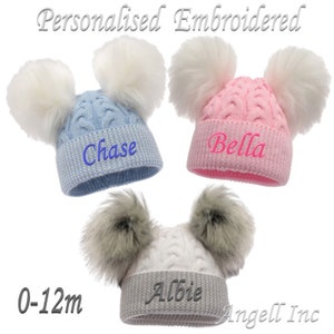 Personalised BABY Double POM POM Hat Ribbed Knitted Winter Hat White Pink Blue Grey Newborn Baby Gift months 0-12 months Pom Pom Beanie Hat