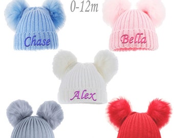 Personalised BABY Double POM POM Hat Ribbed Knitted Winter Hat White Pink Blue Grey Newborn Baby Gift months 0-12 months Pom Pom Beanie Hat