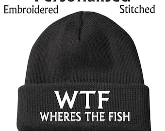 Personalised WTF Where's The Fish Father's day Beanie Hat Cap Dads GIFT BIRTHDAY Men's Fishing Angling Carp Funny Rude Joke Present Woolly