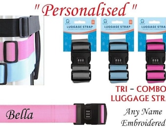 Personalised TRI COMBO Luggage Strap Suitcase Embroidered Safe Travel safe BELT