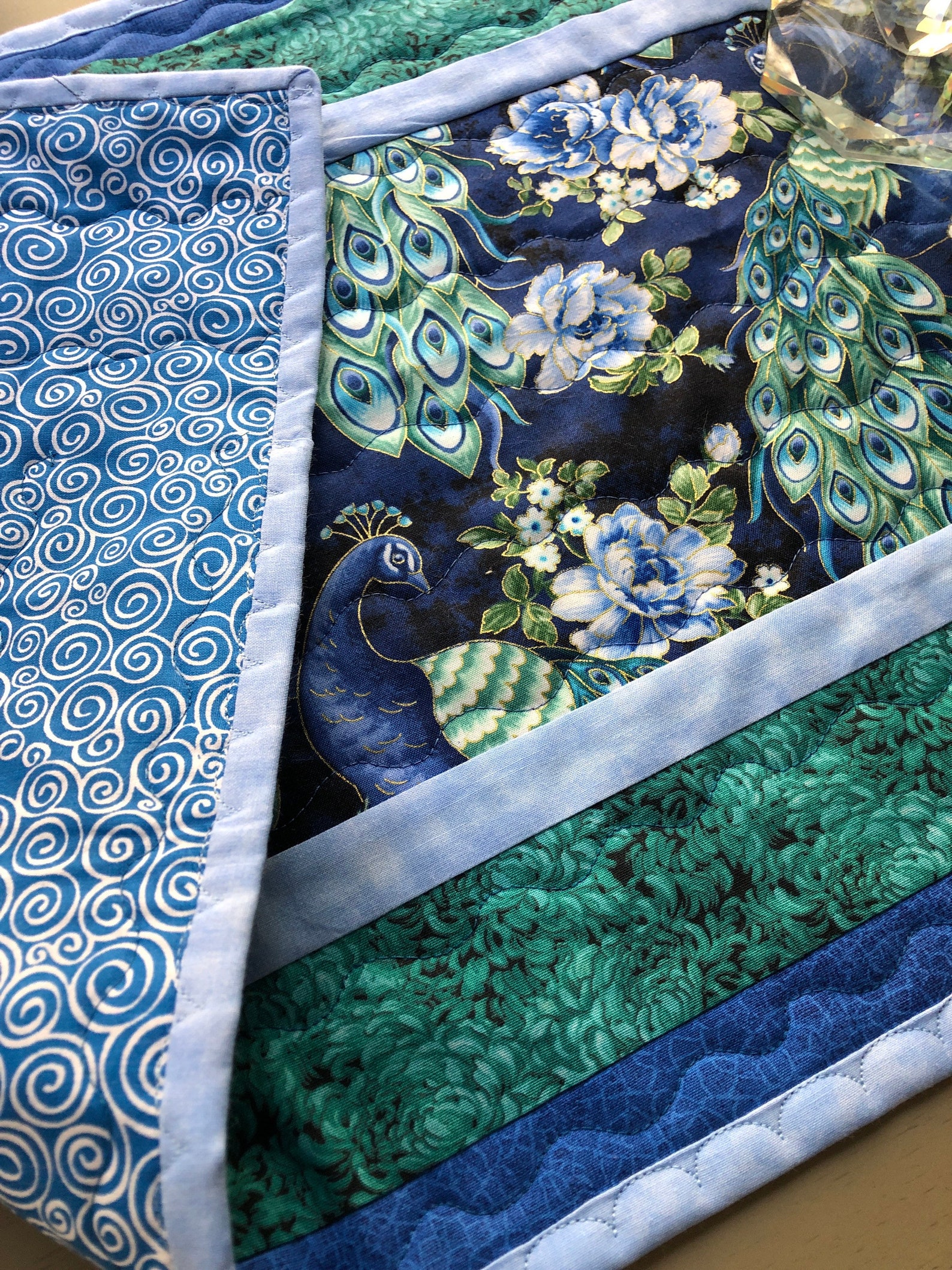 Peacock table runner in blue and green vibrant colors. Etsy