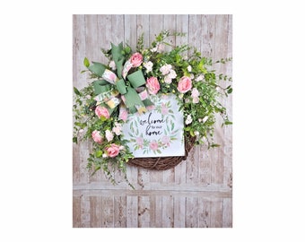 Welcome to Our Home Wreath with Roses and Ranunculus, Spring Greens and Floral Bow | Everyday Wreath, Mother's Day Gift, Housewarming Gift