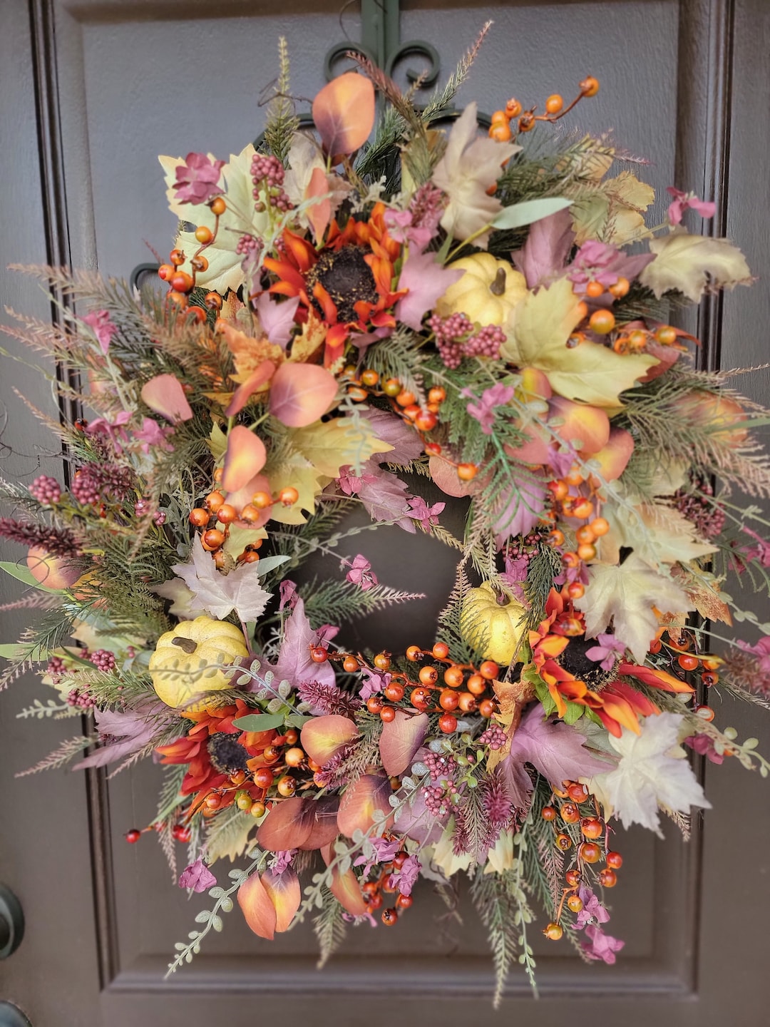 Colors of Fall Wreath With Sunflowers, Pumpkins, Berries and Leaves ...