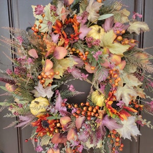Colors of Fall Wreath with Sunflowers, Pumpkins, Berries and Leaves, Fall Wreath, Autumn Wreath, Twig Wreath, Harvest Wreath, Fall Decor