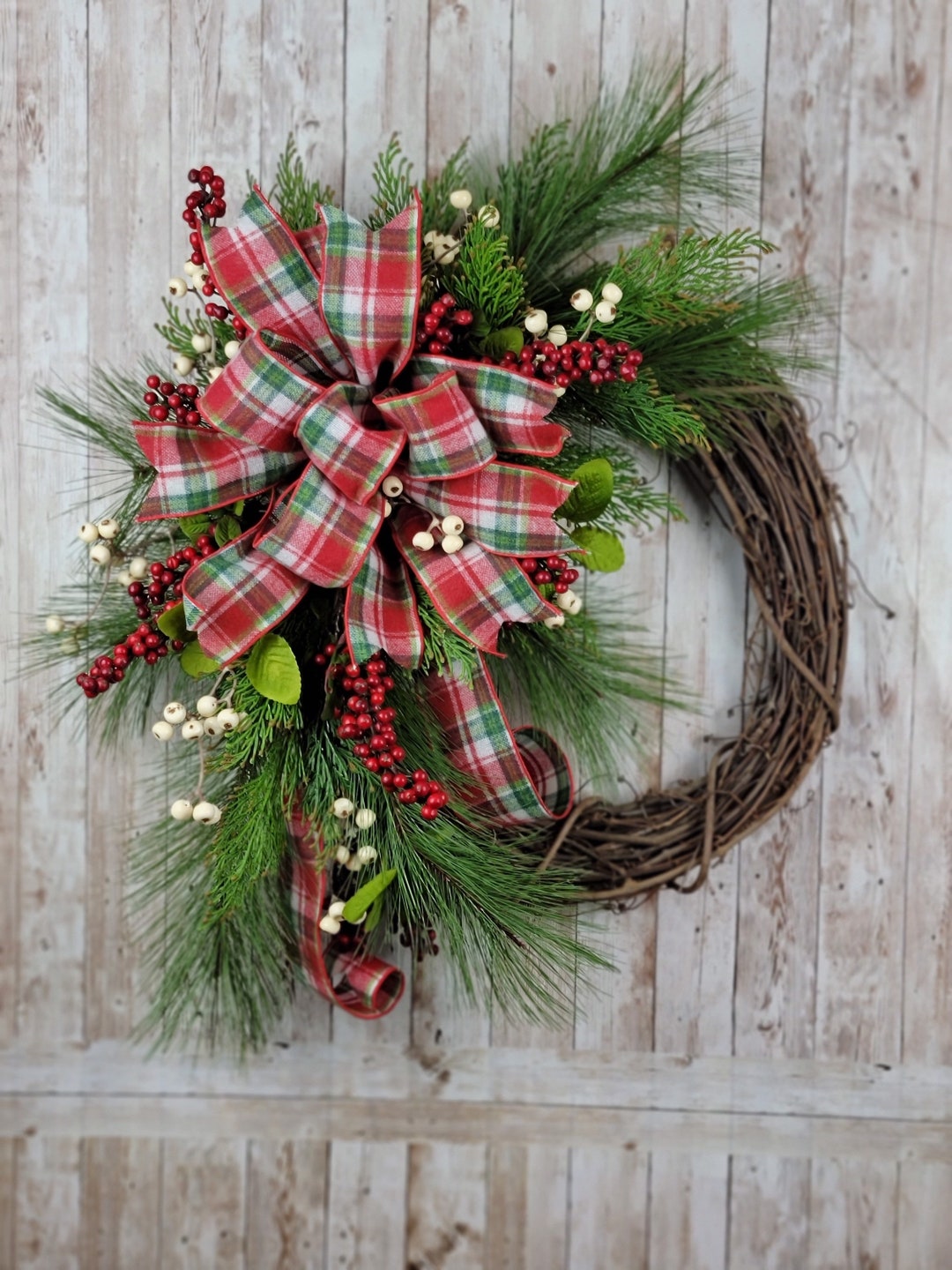 Down Home Christmas Wreath, Plaid Bow, Pine and Berries, Wreath for Home Decor, Front Door Holiday Decor