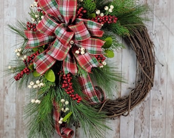 Down Home Christmas Wreath, Plaid Bow, Pine and Berries, Wreath for Home Decor, Front Door Holiday Decor