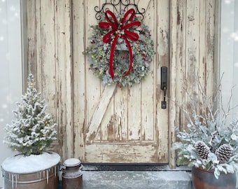 Frosty Holly Berry Christmas Wreath for Front Door, Frosted Greenery & Red Velvet Bow Holiday Decor, 22-24″ Winter Wreath