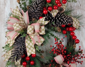 A Christmas To Remember Wreath, Rustic Wreath with Pinecones and Red Berries Vintage Christmas Decor Holiday Decor Country Christmas