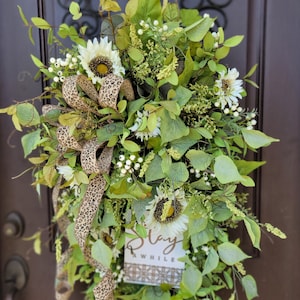 Stay A While Swag with Sunflowers, Elm Leaves and Leopard Bow, Everday Swag, Animal Print, Door Swag, Summer Swag, Leopard Print Ribbon