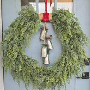 Cedar and Silver Bells Wreath, Christmas Wreath, Winter Wreath, Farmhouse-Style, Artificial Cedar, Natural Touch Wreath, Winter Decor