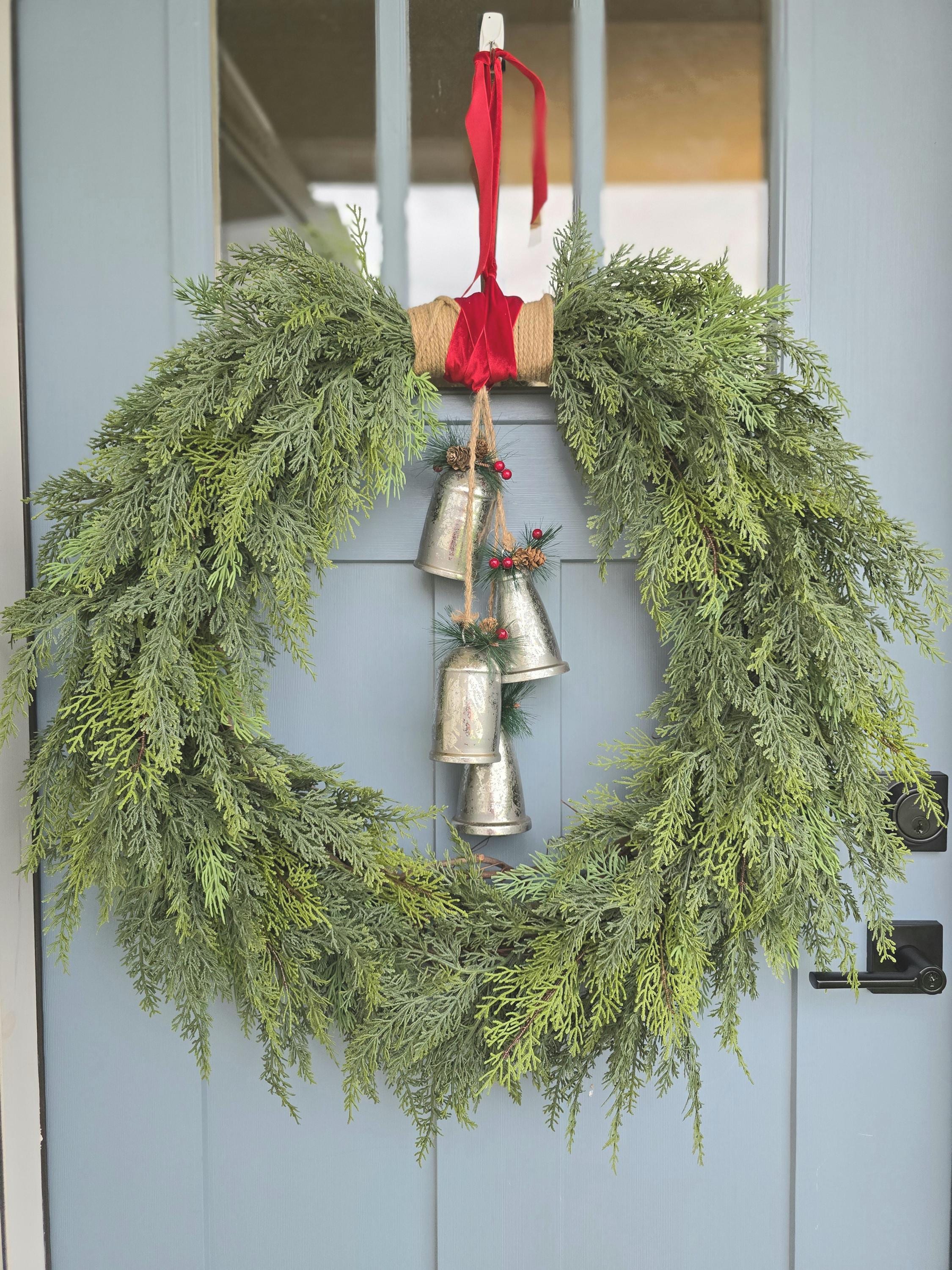 Cedar and Silver Bells Wreath, Christmas Wreath, Winter Wreath, Farmhouse-Style, Artificial Cedar, Natural Touch Wreath, Winter Decor