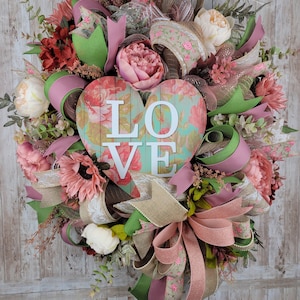 For the LOVE of Flowers Wreath with Peonies, Hydrangeas, Sunflowers and Beautiful Satin and Lace Ribbons, Mother’s Day Gift, Everyday Wreath