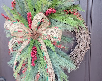 Christmas Traditions Wreath, Cedar, Pine and Red Berries Wreath, Primitive Wreath, Elegant Farmhouse Wreath, Winter/Holiday Home Decor