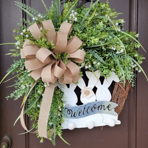 Easter Bunny Trio Welcome Wreath with Spring Greenery, White Petite Florals and Loopy Bow, Easter Decor, Easter Wreath, Spring Wreath