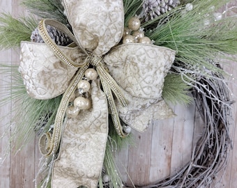 Frosted Christmas Wreath with  Pine Leaves, Berries and Frosted Pinecones Elegant Christmas Wreath Holiday Decor