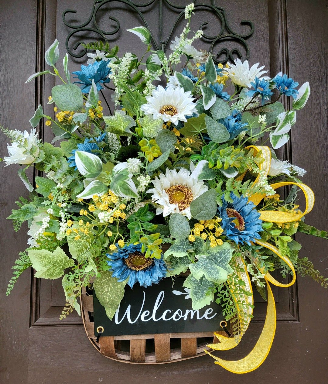 Sunshine in a Basket Door Hanger With Sunflowers, Ivy, Ficus, Fern and