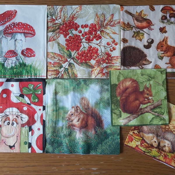 Cute Forest Decoupage Bundle of 7 Autumn Fall paper napkins, serviettes, Ideal for Decoupage - Toadstool, Squirrel, Mushroom, Hedgehog