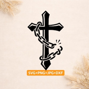May include: Black cross silhouette with a broken chain wrapped around it. The image includes the text "SVG+PNG+JPG+DXF" in an orange rectangle at the bottom. The cross is a religious symbol.