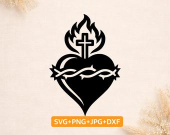 Sacred Heart SVG | Projekt Katolickiego Serca Jezusa | Krzyż z Koroną Cierniową | Religijny plik Cricut Cut PNG DXF