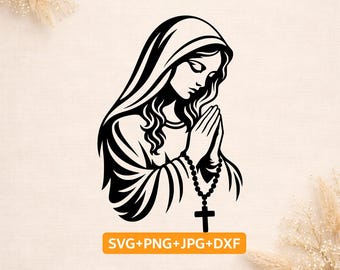 Modląca się Maryja Dziewica SVG | Matka Boska z Różańcem | Plik Cricut katolicki | Chrześcijański plik SVG PNG DXF | Plik do cięcia religijnego