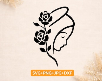 Minimalistisk Jungfru Maria SVG | Katolsk Cricut Cut-fil | Välsignad mor med rosor | Kristen SVG för lasergravering