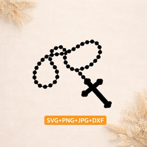 May include: Black rosary with a cross pendant. The rosary features a series of round beads connected by a chain. The cross is a simple, solid design. The image includes the text "SVG+PNG+JPG+DXF".