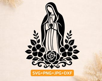Modląca się Maryja Dziewica SVG, Katolickie kwiaty SVG, Plik do wycinania sylwetki Madonny, Christian Cricut SVG