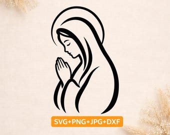 Modląca się Dziewica Maryja SVG | Sylwetka Matki Boskiej | Katolicki plik Cricut Cut PNG DXF | Maryjny religijny svg