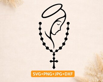 Minimalistyczny różaniec z wizerunkiem Matki Boskiej w formacie SVG | Katolicki plik Cricut Cut | Krzyż Najświętszej Matki Bożej w formacie PNG | Chrześcijański projekt wycinany laserowo