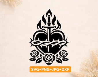 Najświętsze Serce SVG | Katolickie Serce Jezusa w Koronie Cierniowej | Religijny plik Cricut SVG PNG Cut