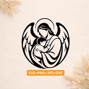 May include: A black and white digital illustration of an angel holding a baby, enclosed in a circular frame. Below the graphic, an orange rectangular label contains the white text SVG+PNG+JPG+DXF, indicating the available file formats.