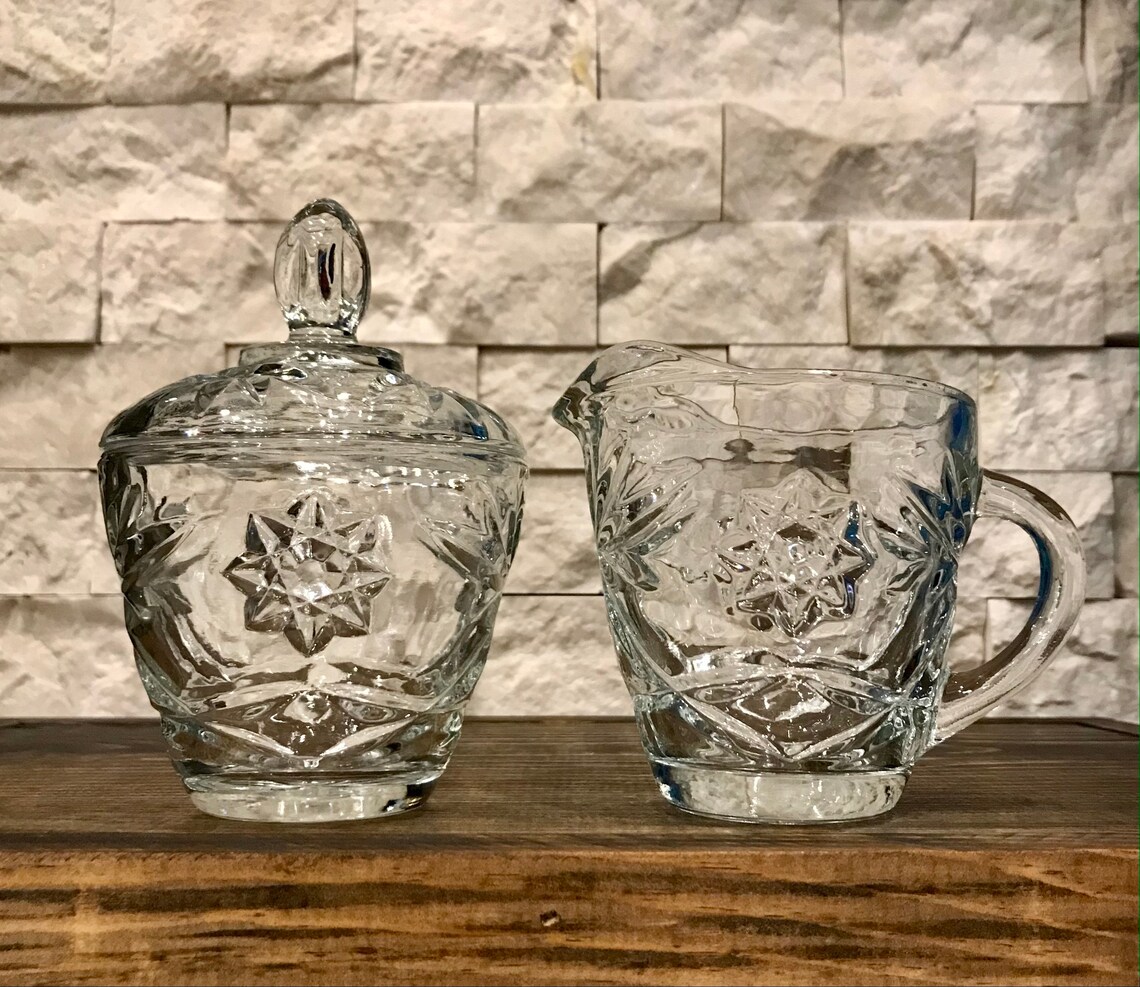 Vintage Clear Glass Creamer and Covered Sugar Set Etsy