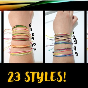 Puede incluir: Primer plano de 23 estilos diferentes de pulseras de amistad de colores en la muñeca de una persona. Las pulseras están numeradas del 1 al 23.