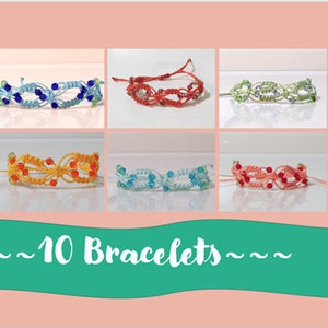 May include: Ten colorful friendship bracelets with different colored beads and strings. The bracelets are arranged in two rows of five. The text "~ 10 Bracelets ~" is displayed below the bracelets.