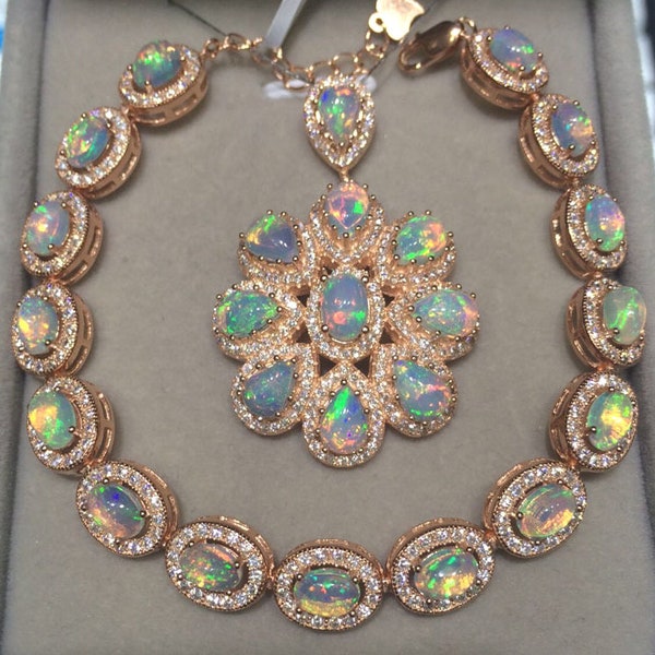 Luxury! Natural Opal Pendant Bracelet Set, October Birthstone, Rose Gold Plated Sterling Silver, Handmade Engagement Gift For Women Her