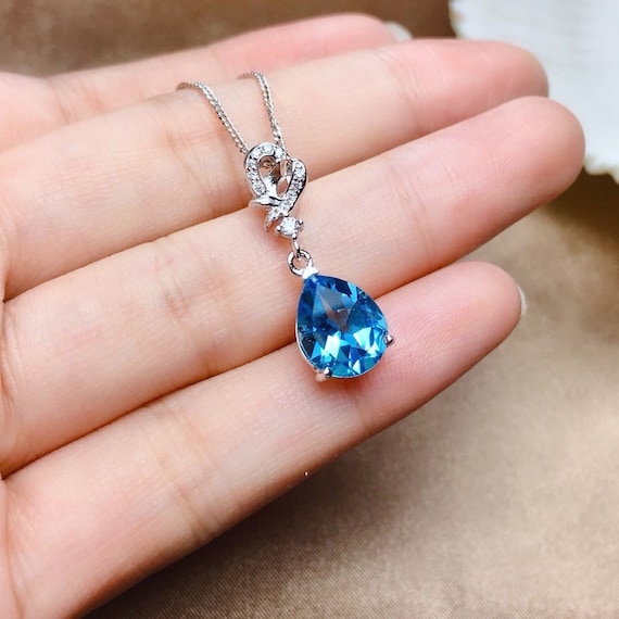 Natural Swiss Blue Topaz Pendant, S925 Sterling Silver, February  Birthstone, Handmade Engagement Gift for Women Her 