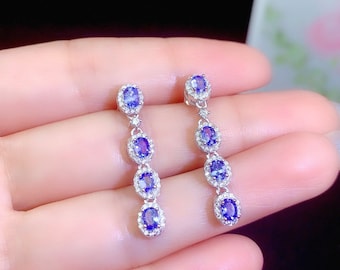 Natural Blue Tanzanite Earrings, December Birthstone, S925 Sterling Silver, Handmade Engagement Gift For Women Her