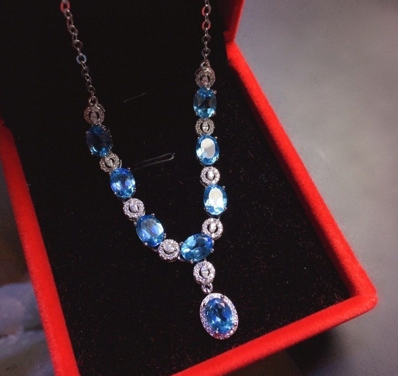 Natural Blue Topaz Pendant Handmade Engagement Gift For Women Her Sterling Silver With 18K White Gold Plating February Birthstone