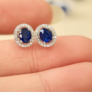 Natural Blue Sapphire Earrings, 18K White Gold,  Diamond Side Stones, September Birthstone, Handmade Engagement Gift For Women Her