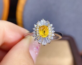 Natural Yellow Sapphire Ring, S925 Sterling Silver, September Birthstone, Handmade Engagement Gift For Women Her